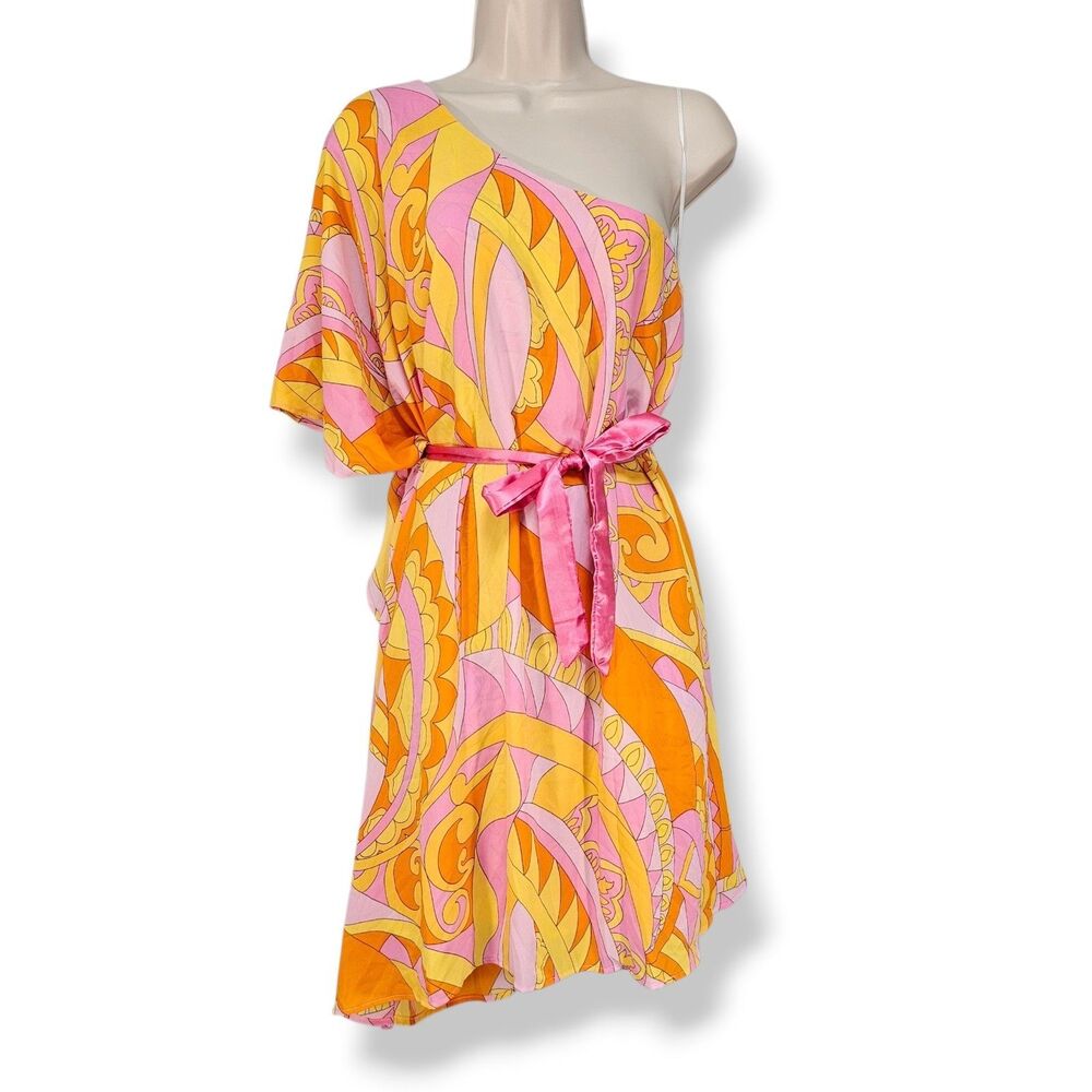 Show Me Your Mumu Trish One-Shoulder Mini Dress Pink Orange Swirl M Retro Boho